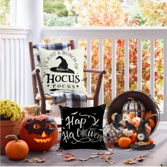 2pcs Cotton Linen Black White Halloween Square Pillow Covers 18x18 in NWT - Picture 3 of 4